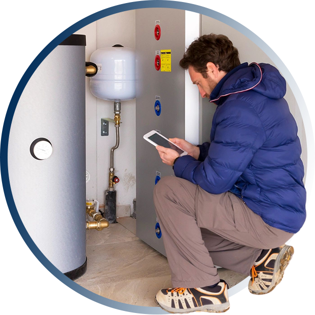 A man is using his tablet in front of the water heater.